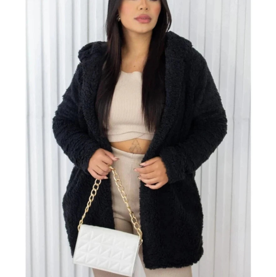 Casaco Teddy Peludo Feminino com Capuz Tamanho Único