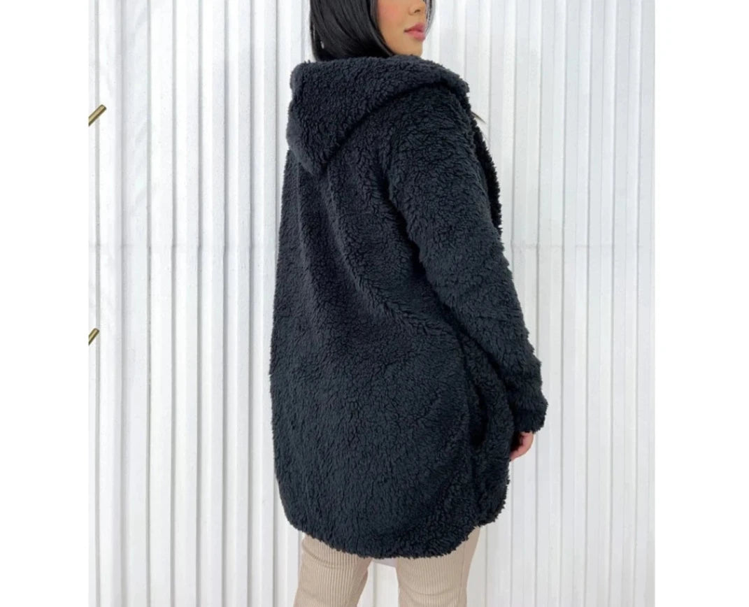 Casaco Teddy Peludo Feminino com Capuz Tamanho Único