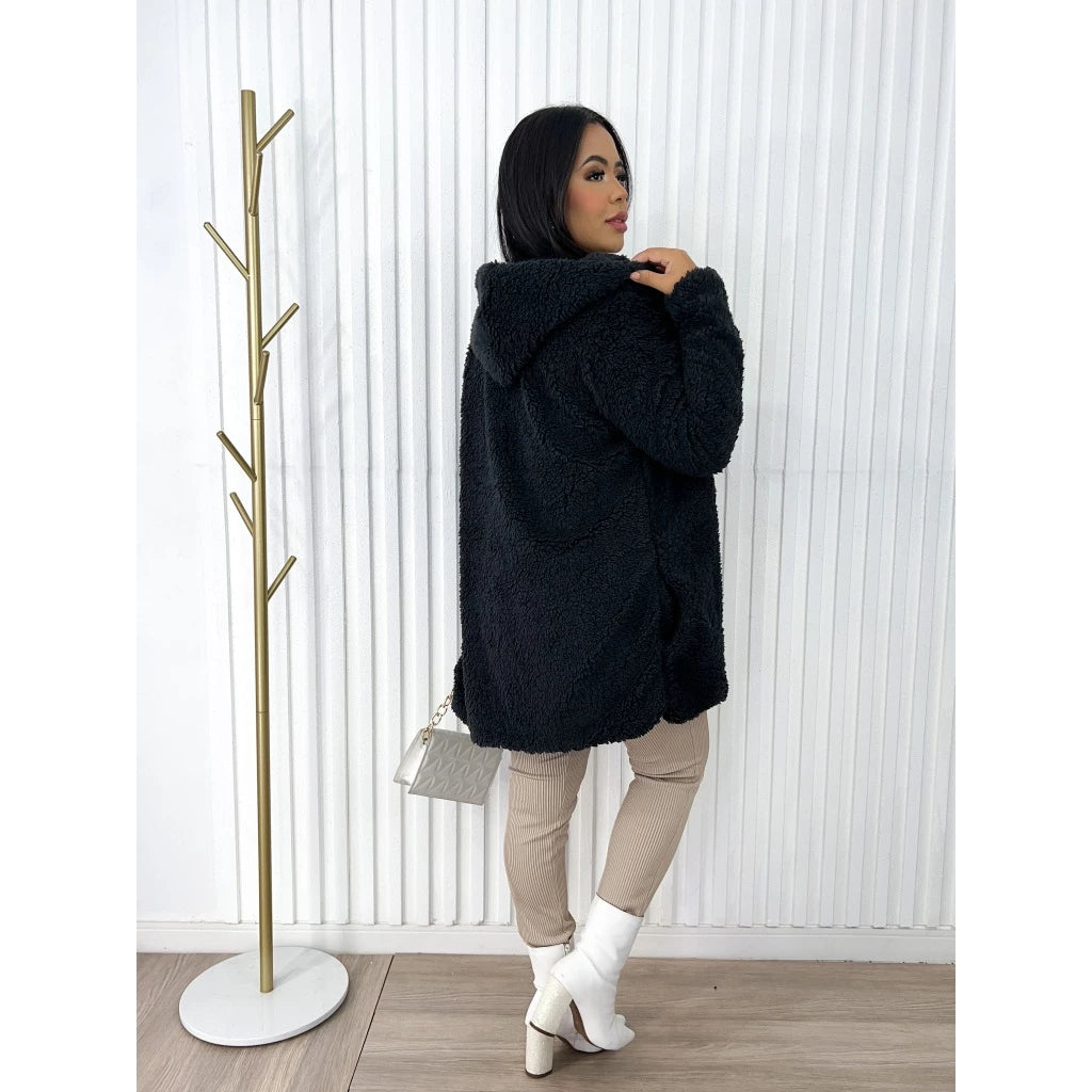 Casaco Teddy Peludo Feminino com Capuz Tamanho Único