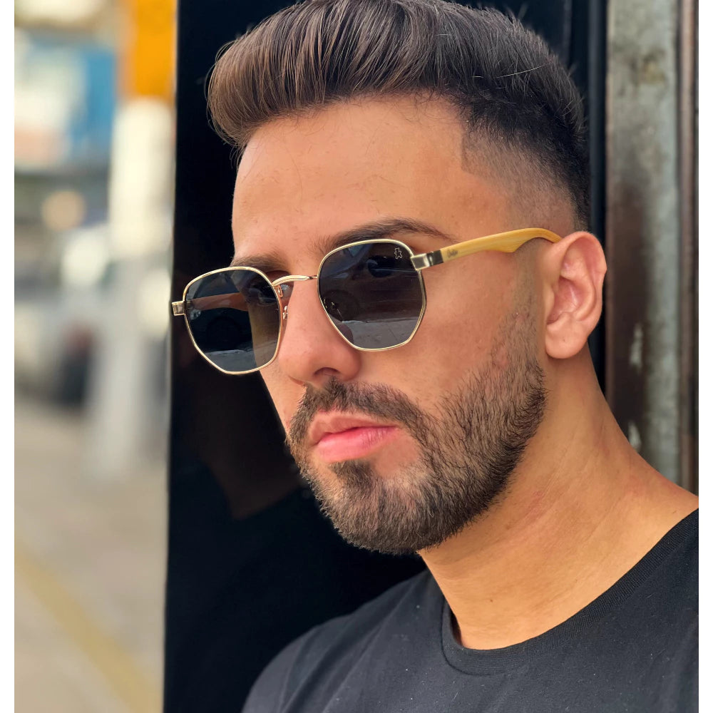 Óculos de Sol Masculino Hexagonal UV400 com Haste de Madeira