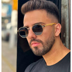 Óculos de Sol Masculino Hexagonal UV400 com Haste de Madeira