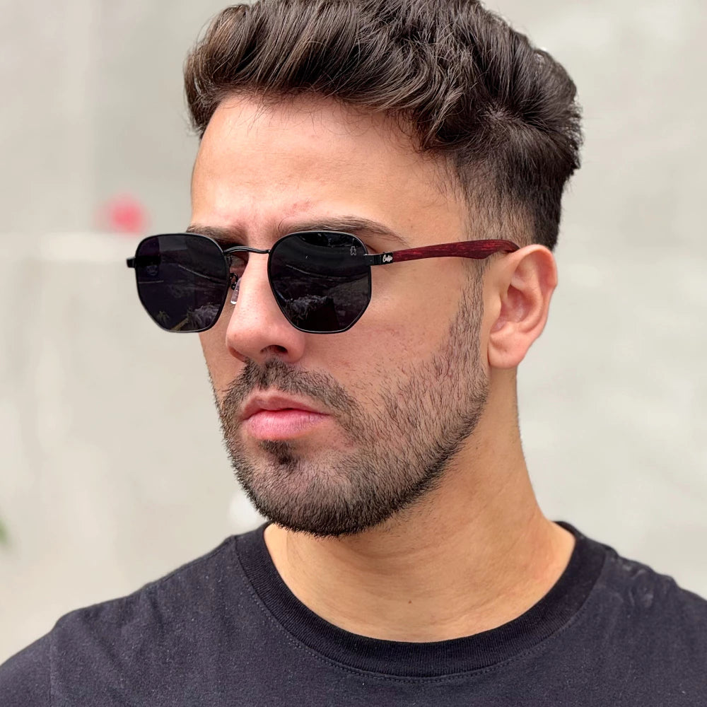 Óculos de Sol Masculino Hexagonal UV400 com Haste de Madeira
