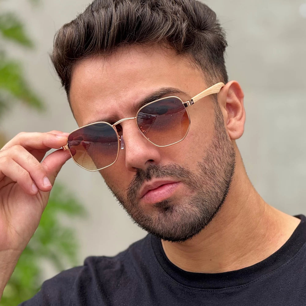Óculos de Sol Masculino Hexagonal UV400 com Haste de Madeira