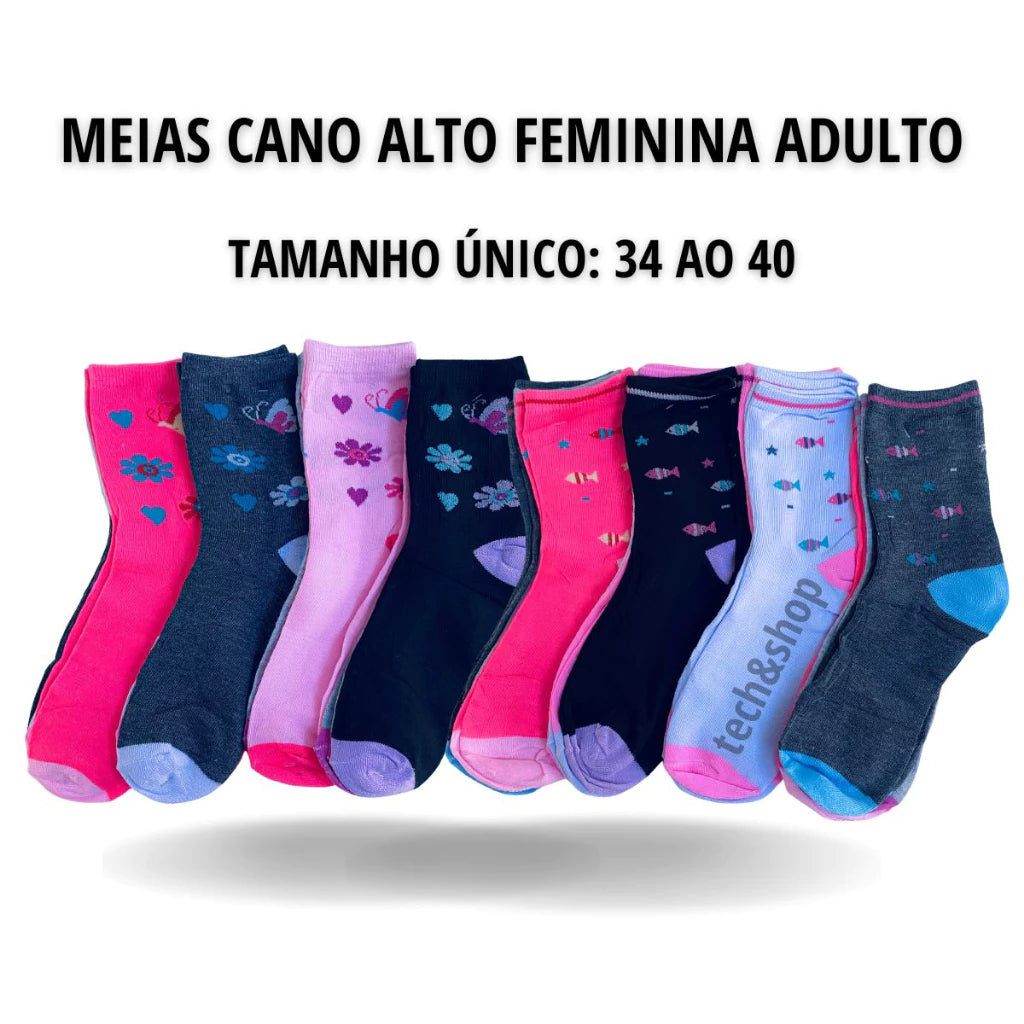 Kit 12 Pares de Meias Cano Alto - lojaidealgolden