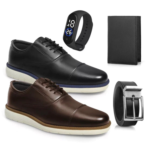 Kit ModernMan 5 em 1: 2 Sapatos Oxford Masculino Couro Legítimo + 3 Brindes Exclusivos: Cinto, Carteira e Relógio