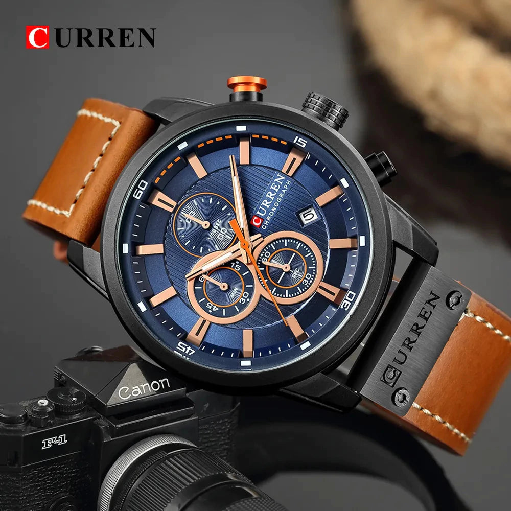 Relógio Masculino CURREN Modelo Temporal + Case em Couro Sintético
