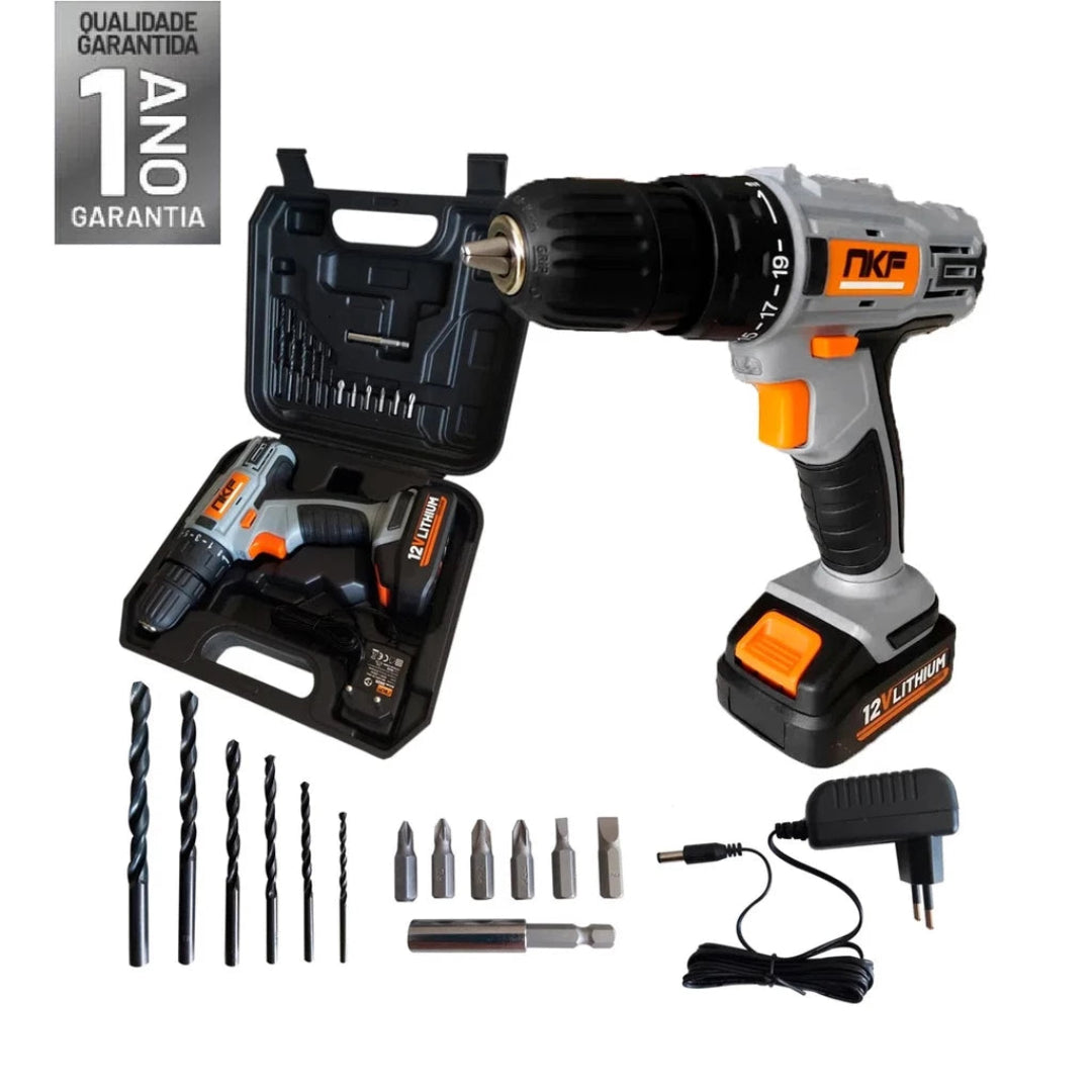 Furadeira e parafusadeira à bateria 12v com maleta  +  Brinde 13 acessórios