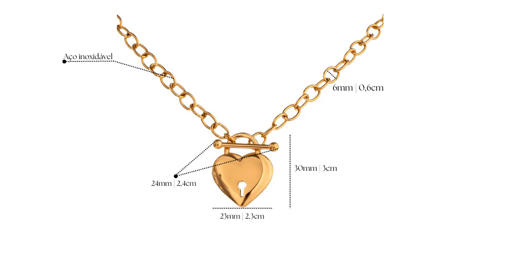 Colar Feminino Coração Fechadura Banhado em Ouro 18K