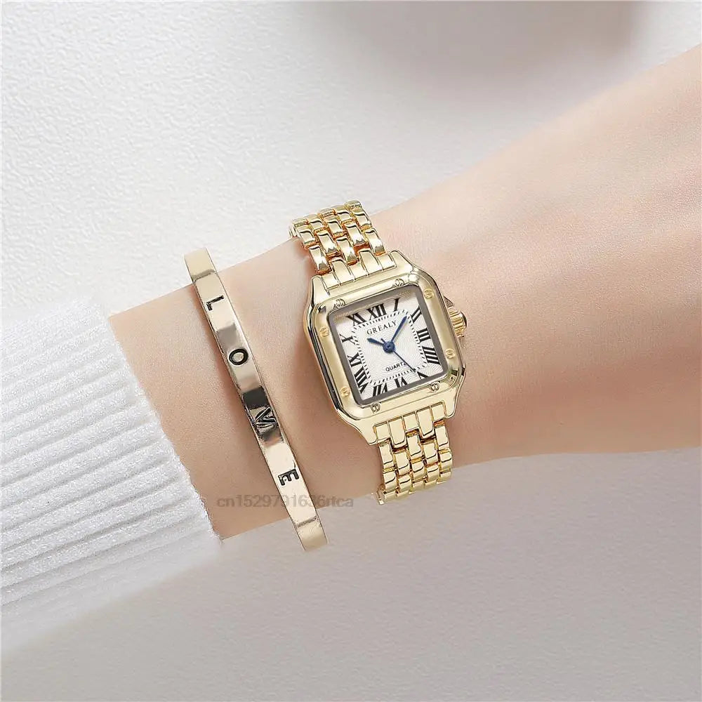Relógio de Quartzo Feminino de Luxo + Pulseira de Lige Dourada
