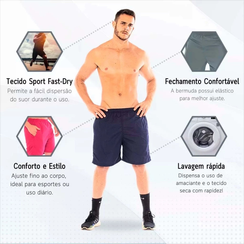 (COMPRE 3 LEVE 4) Bermudas Tactel 100% Ajustável para Academia