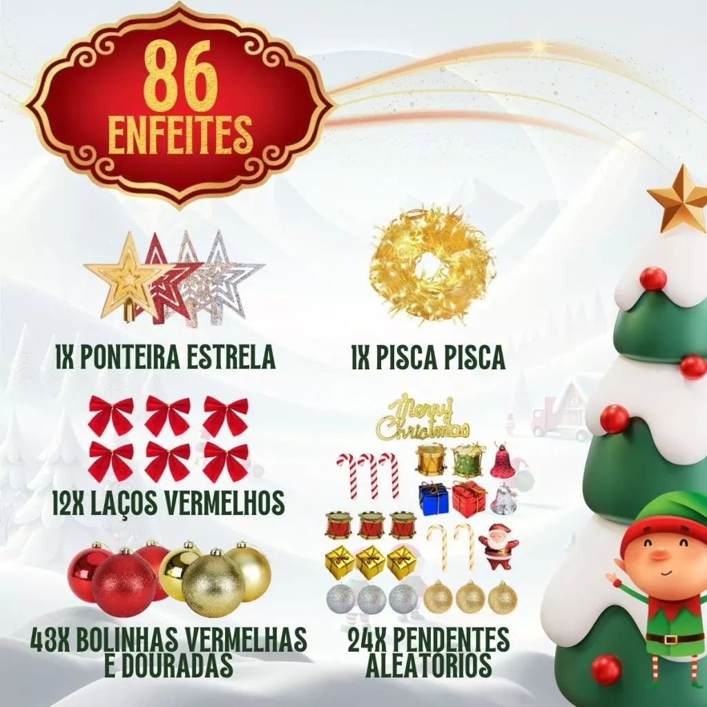Kit 3 em 1 Natalina: Árvore De Natal 1,50m Decorada + 86 Enfeites e Pisca Pisca LED