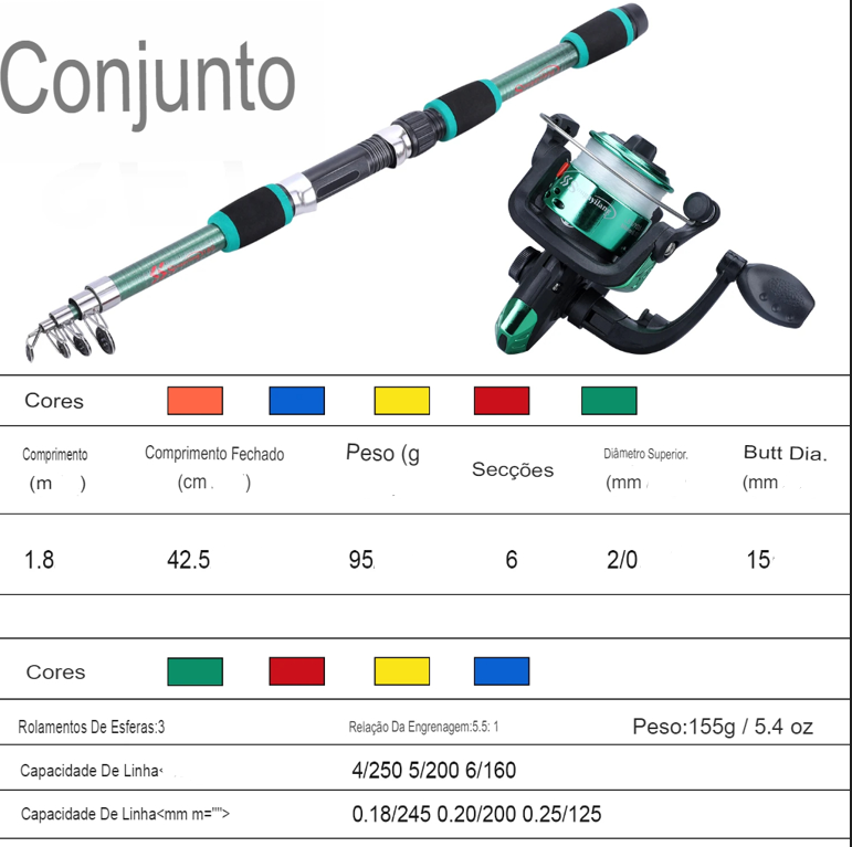 Kit Pesca Pesqueiro Vara 1.80M e Molinete 5.2:1  Arrasto Máximo 5Kg + Brinde