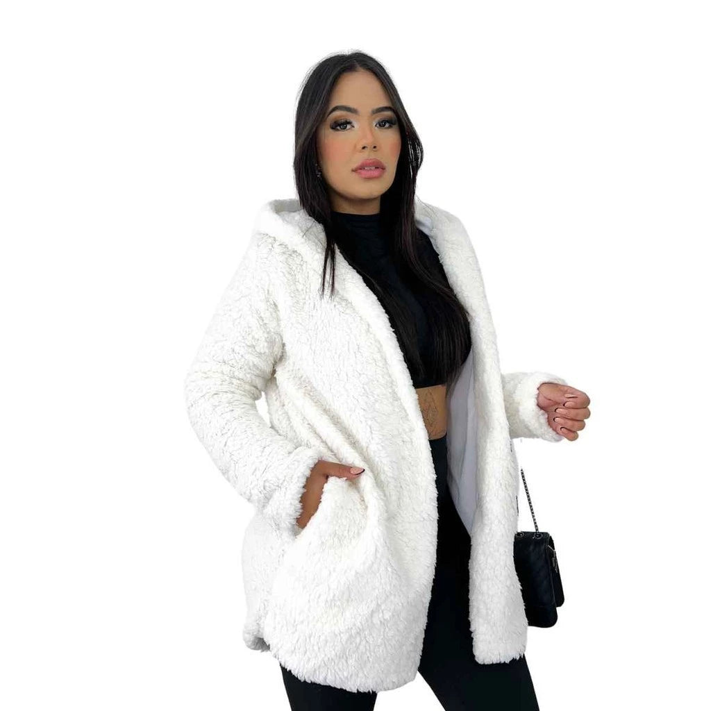 Casaco Teddy Peludo Feminino com Capuz Tamanho Único