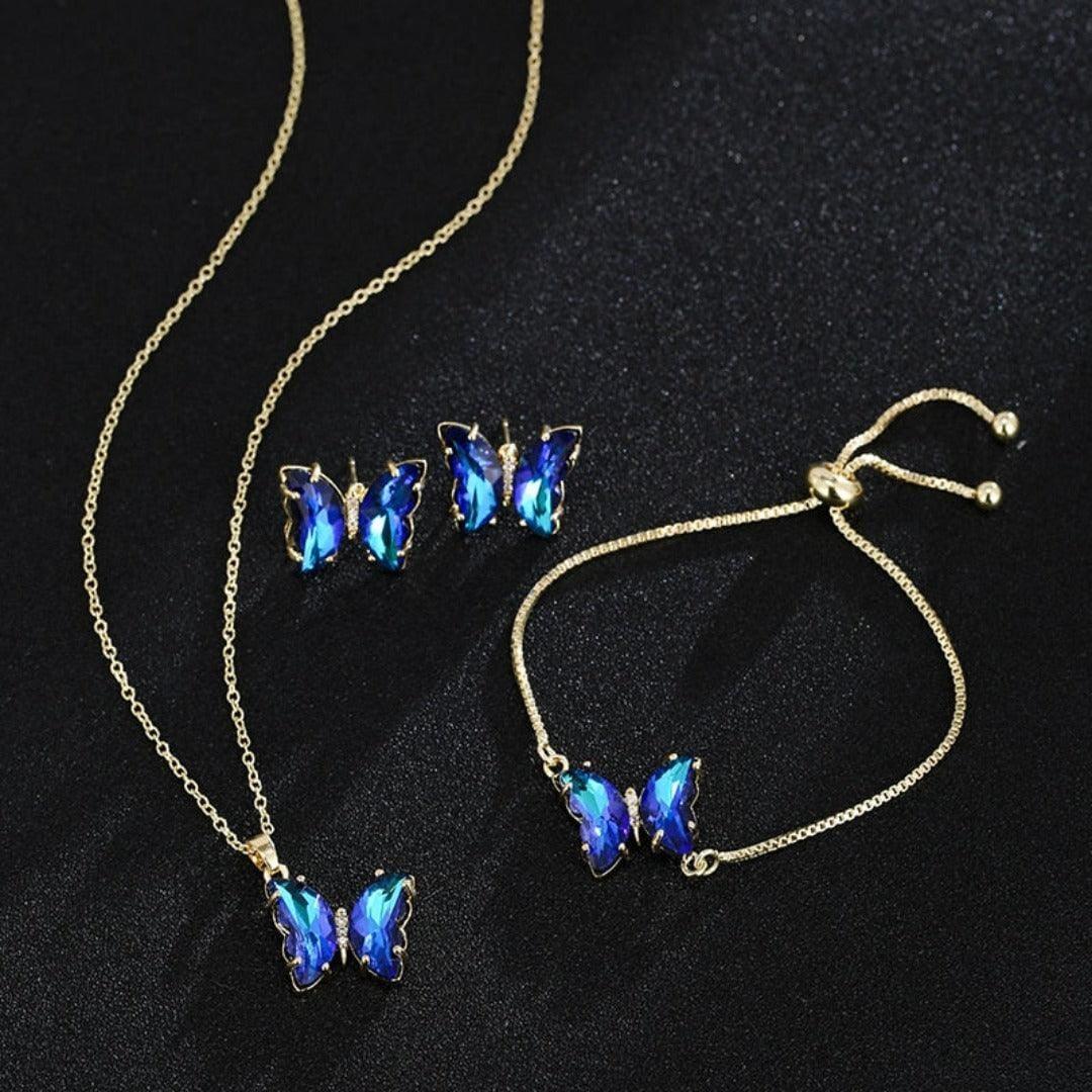 KIT Colar Pulseira e Brincos 3 Peças Jóias Romântica Borboleta de Vidro Varias Cores. 0 lojaidealgolden 