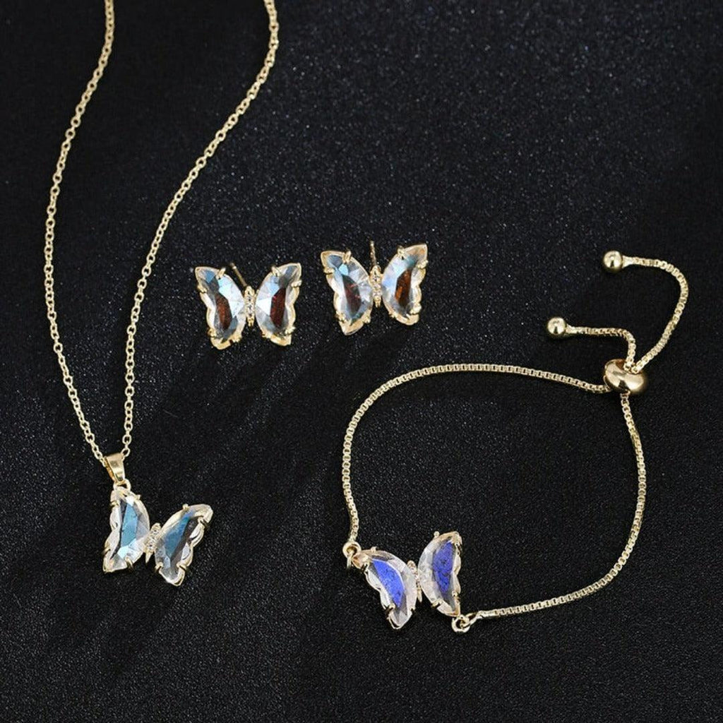 KIT Colar Pulseira e Brincos 3 Peças Jóias Romântica Borboleta de Vidro Varias Cores. 0 lojaidealgolden 