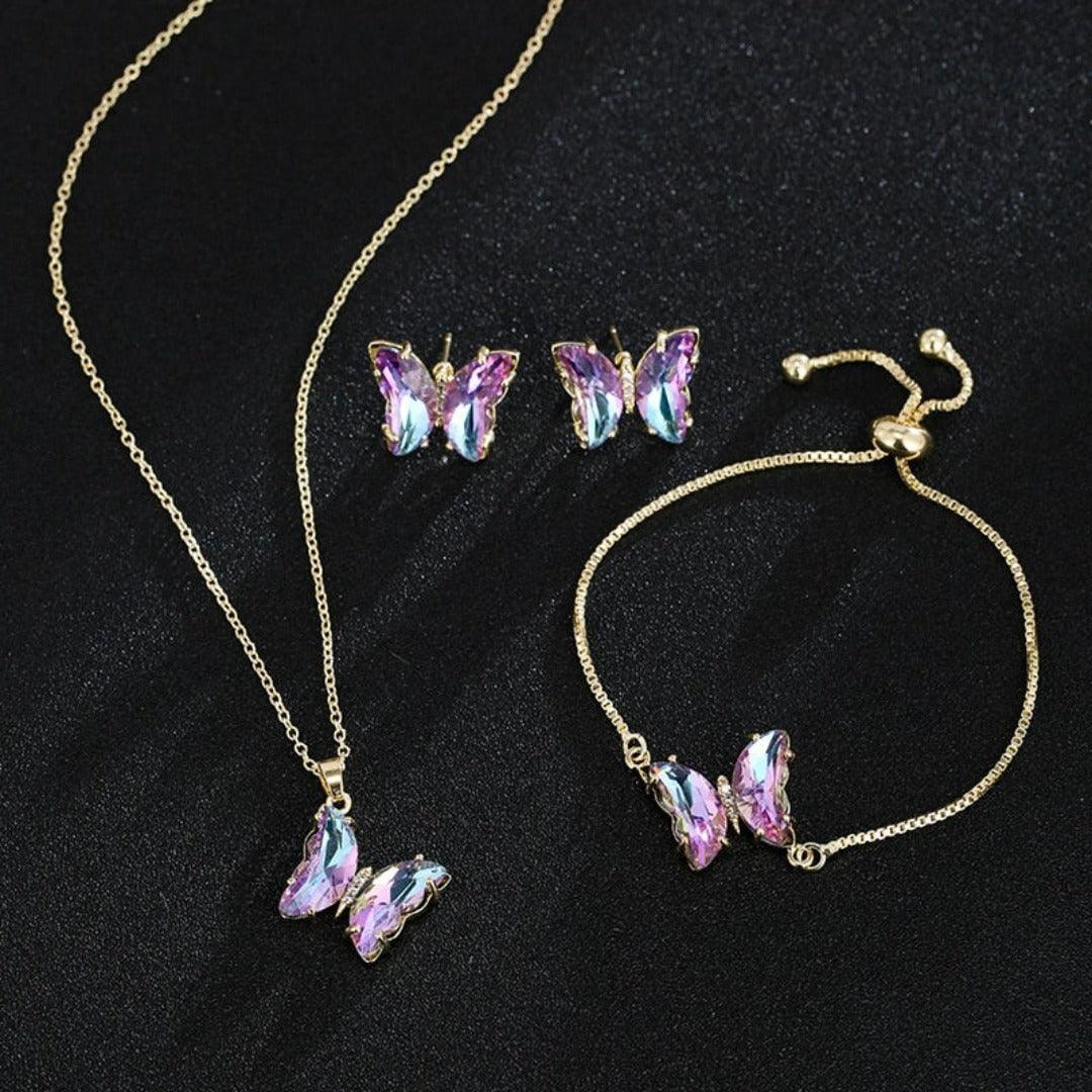 KIT Colar Pulseira e Brincos 3 Peças Jóias Romântica Borboleta de Vidro Varias Cores. 0 lojaidealgolden 