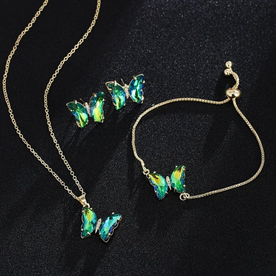 KIT Colar Pulseira e Brincos 3 Peças Jóias Romântica Borboleta de Vidro Varias Cores. 0 lojaidealgolden 