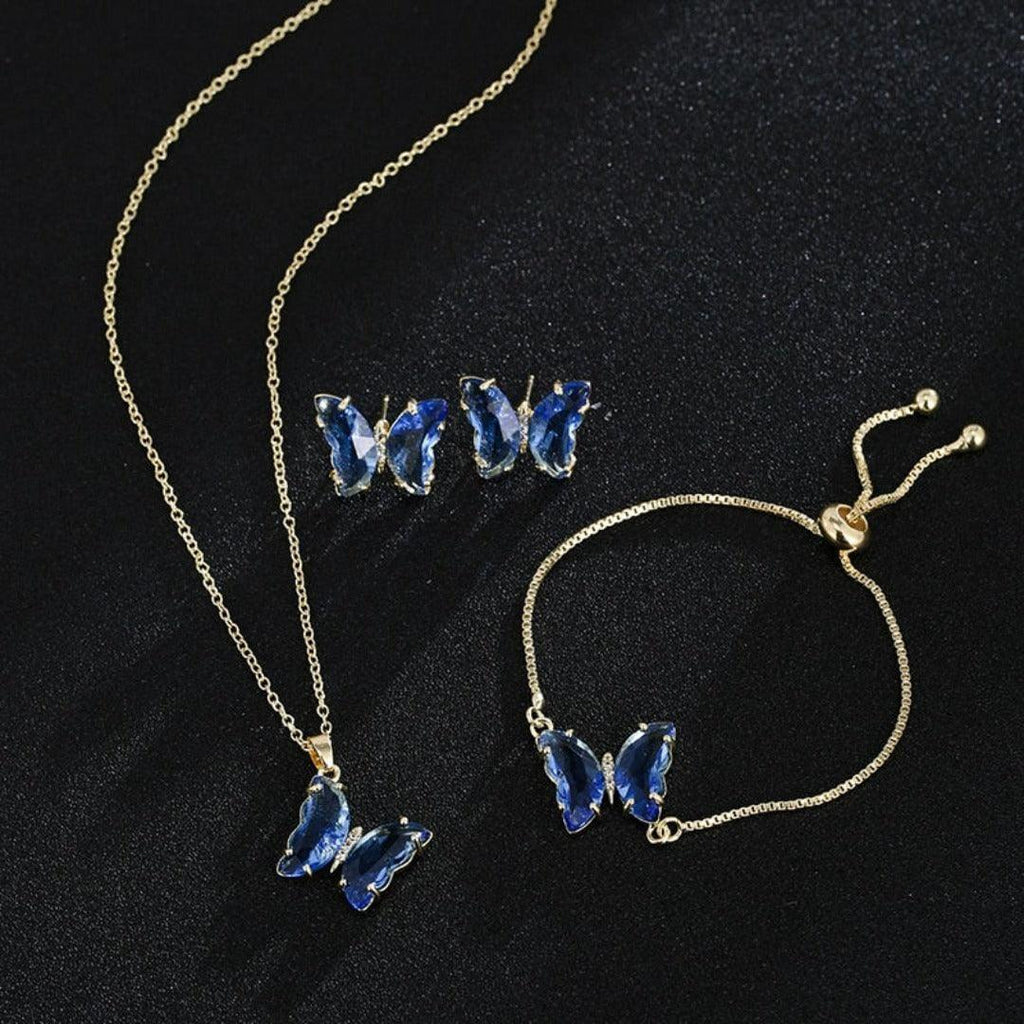 KIT Colar Pulseira e Brincos 3 Peças Jóias Romântica Borboleta de Vidro Varias Cores. 0 lojaidealgolden conjunto azul 
