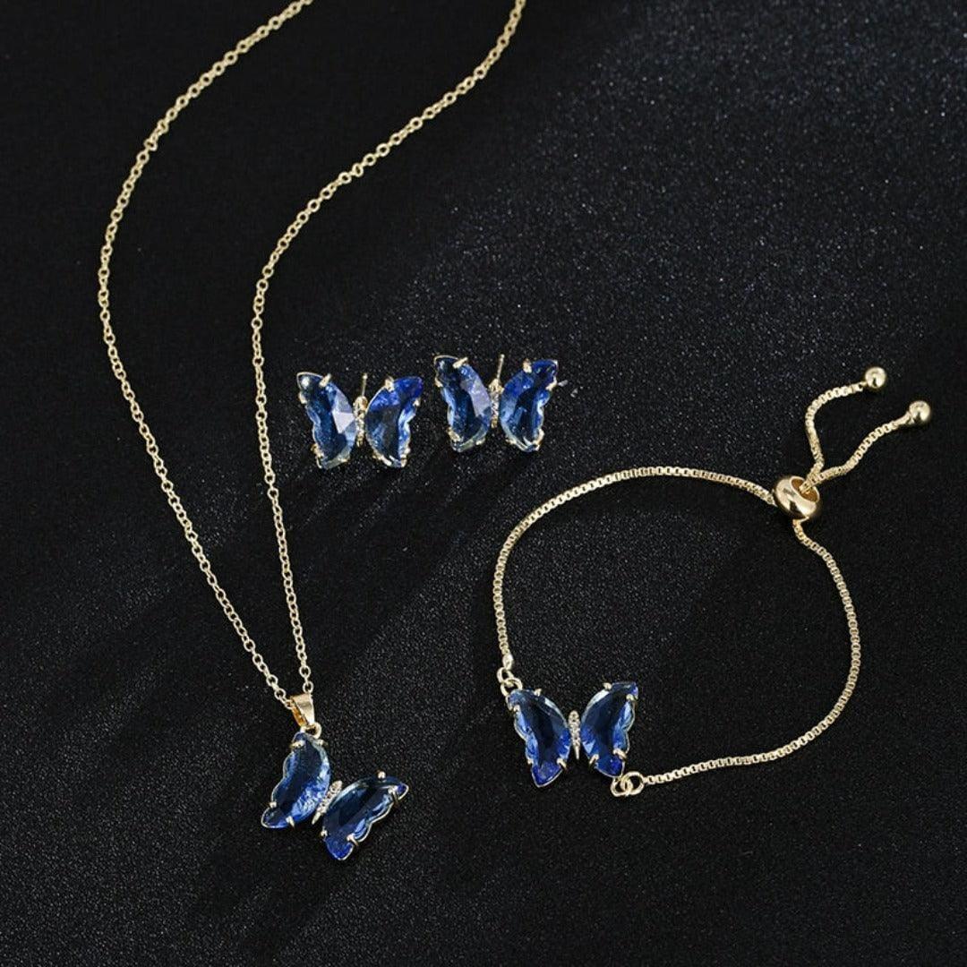 KIT Colar Pulseira e Brincos 3 Peças Jóias Romântica Borboleta de Vidro Varias Cores. 0 lojaidealgolden conjunto azul 