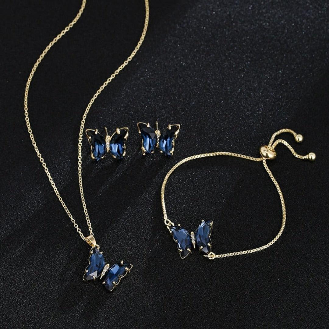 KIT Colar Pulseira e Brincos 3 Peças Jóias Romântica Borboleta de Vidro Varias Cores. 0 lojaidealgolden conjunto azul escuro 