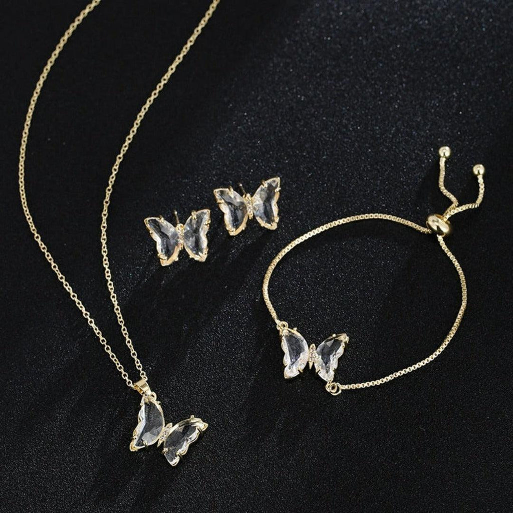 KIT Colar Pulseira e Brincos 3 Peças Jóias Romântica Borboleta de Vidro Varias Cores. 0 lojaidealgolden conjunto branco 