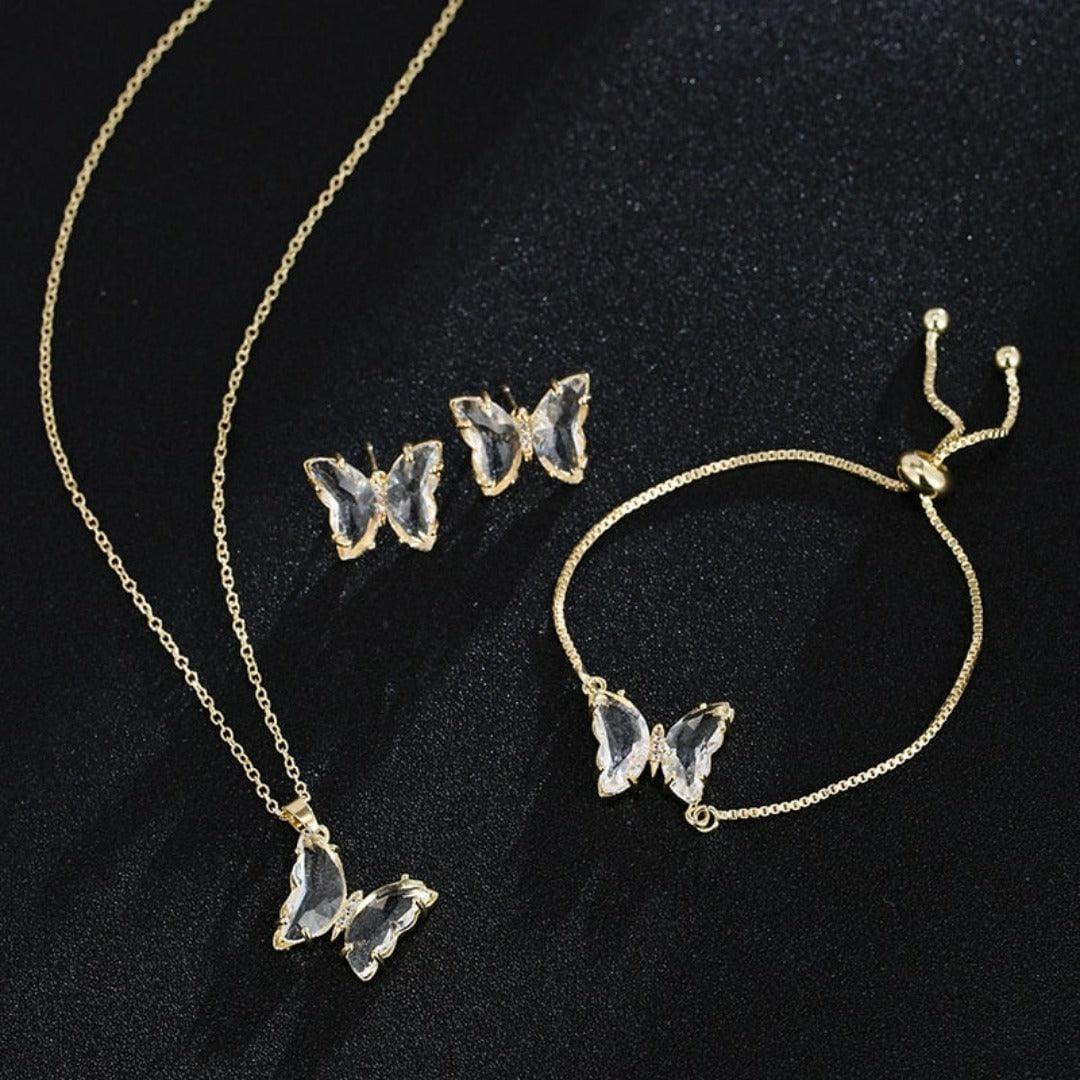 KIT Colar Pulseira e Brincos 3 Peças Jóias Romântica Borboleta de Vidro Varias Cores. 0 lojaidealgolden conjunto branco 