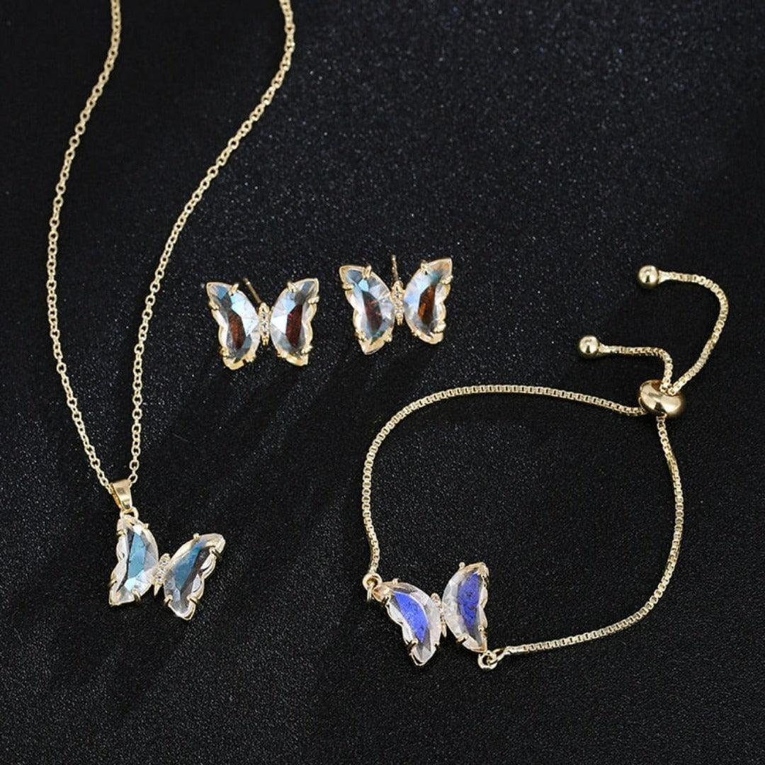 KIT Colar Pulseira e Brincos 3 Peças Jóias Romântica Borboleta de Vidro Varias Cores. 0 lojaidealgolden conjunto de albumina 