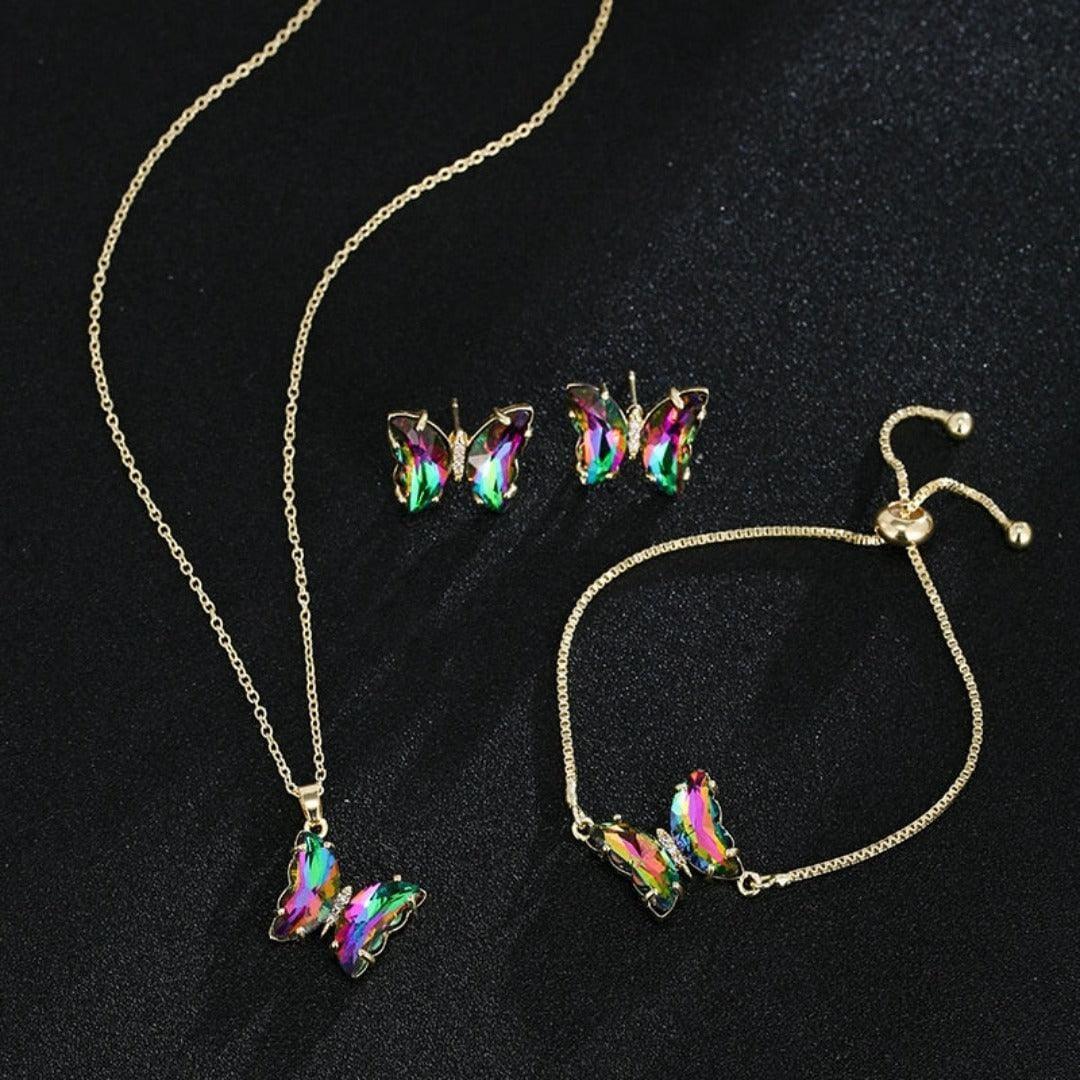 KIT Colar Pulseira e Brincos 3 Peças Jóias Romântica Borboleta de Vidro Varias Cores. 0 lojaidealgolden conjunto multicolorido 
