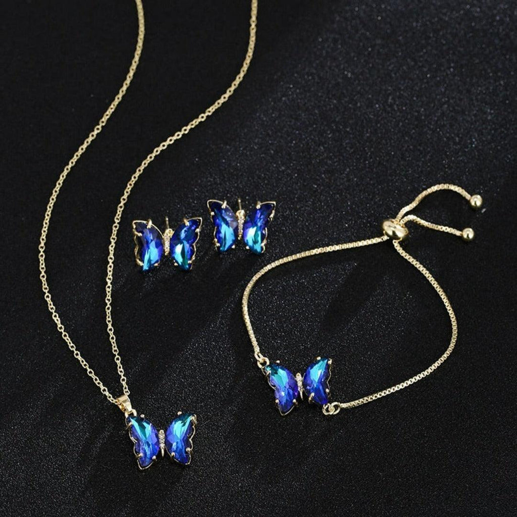 KIT Colar Pulseira e Brincos 3 Peças Jóias Romântica Borboleta de Vidro Varias Cores. 0 lojaidealgolden Conjunto múltiplo azul 