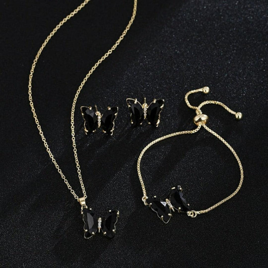KIT Colar Pulseira e Brincos 3 Peças Jóias Romântica Borboleta de Vidro Varias Cores. 0 lojaidealgolden conjunto preto 