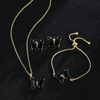 KIT Colar Pulseira e Brincos 3 Peças Jóias Romântica Borboleta de Vidro Varias Cores. 0 lojaidealgolden conjunto preto 