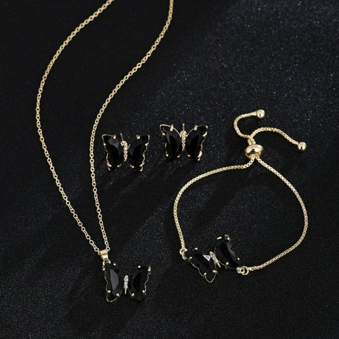 KIT Colar Pulseira e Brincos 3 Peças Jóias Romântica Borboleta de Vidro Varias Cores. 0 lojaidealgolden conjunto preto 