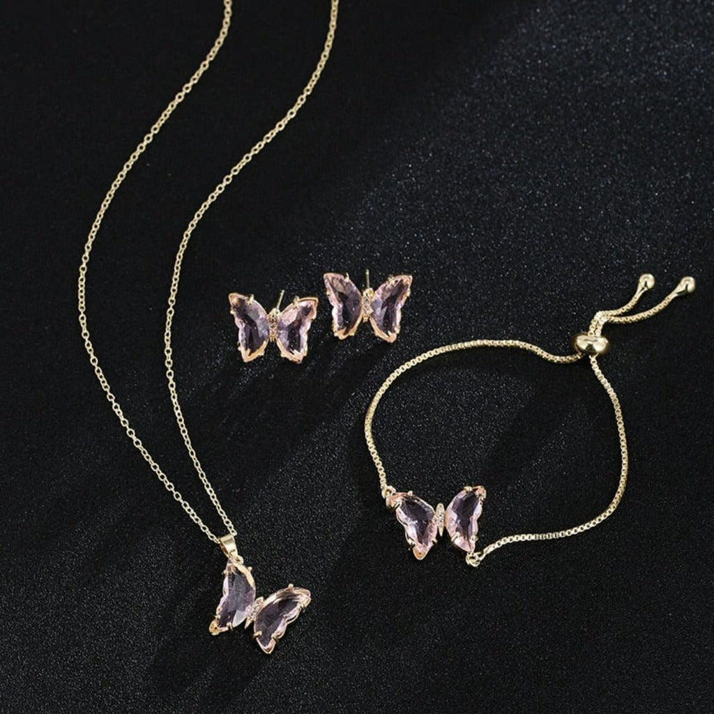 KIT Colar Pulseira e Brincos 3 Peças Jóias Romântica Borboleta de Vidro Varias Cores. 0 lojaidealgolden conjunto rosa 