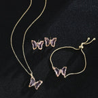 KIT Colar Pulseira e Brincos 3 Peças Jóias Romântica Borboleta de Vidro Varias Cores. 0 lojaidealgolden conjunto rosa 