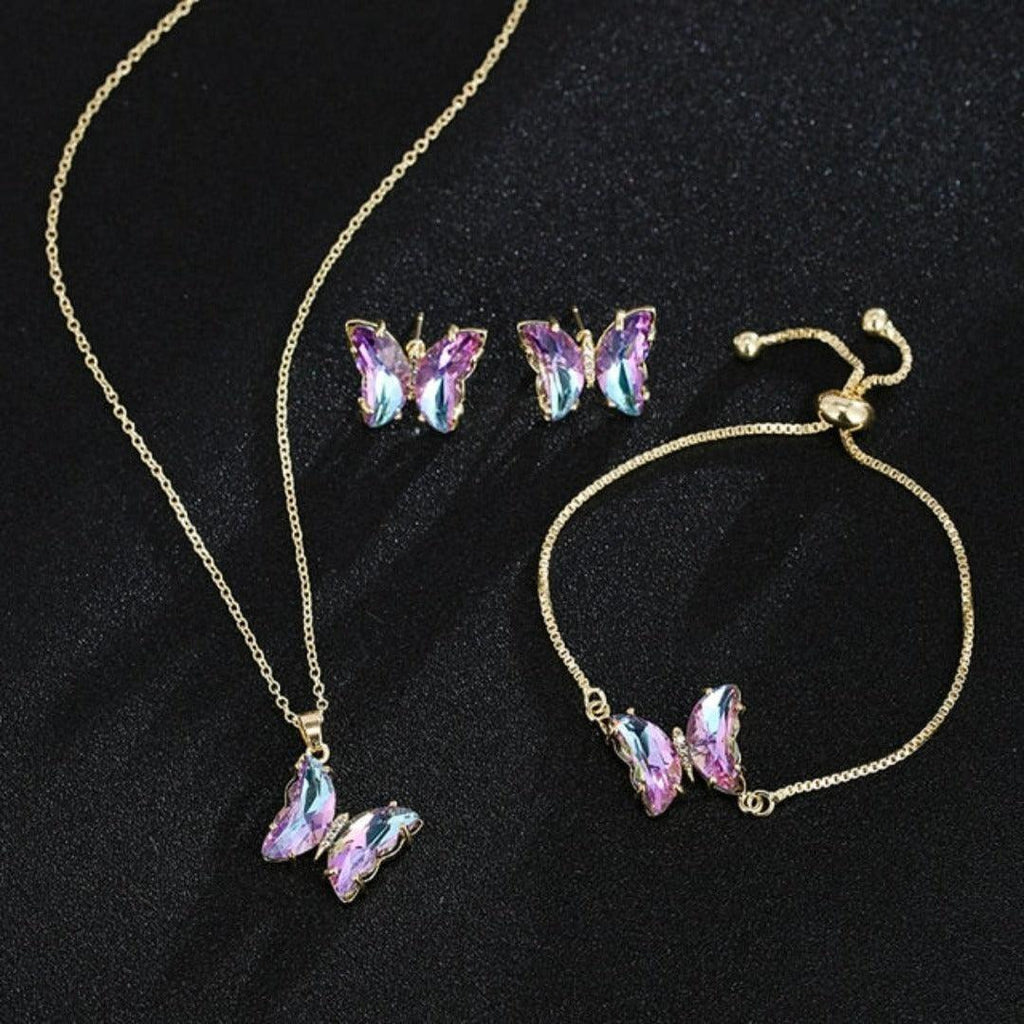 KIT Colar Pulseira e Brincos 3 Peças Jóias Romântica Borboleta de Vidro Varias Cores. 0 lojaidealgolden conjunto rosa multi 