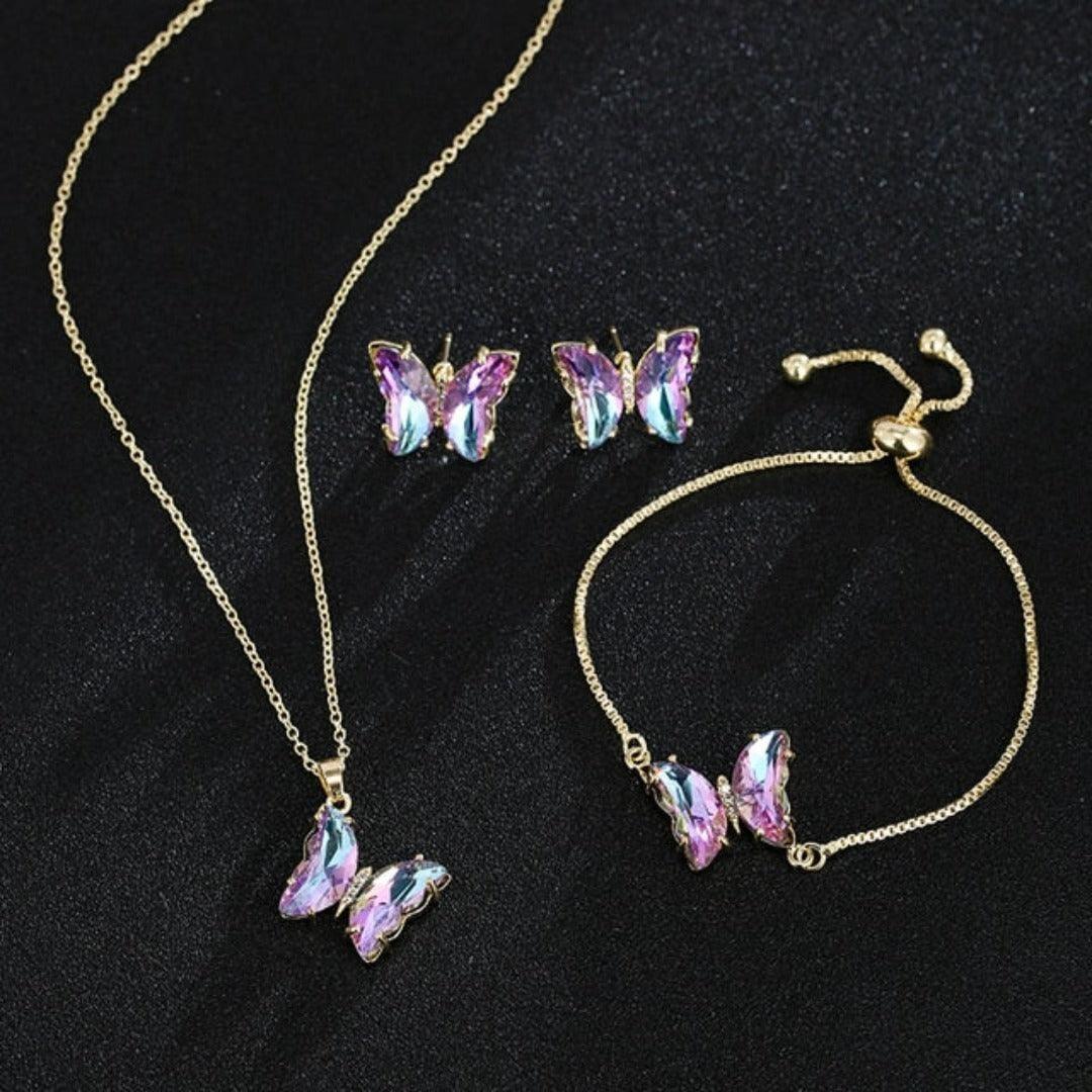 KIT Colar Pulseira e Brincos 3 Peças Jóias Romântica Borboleta de Vidro Varias Cores. 0 lojaidealgolden conjunto rosa multi 