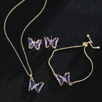 KIT Colar Pulseira e Brincos 3 Peças Jóias Romântica Borboleta de Vidro Varias Cores. 0 lojaidealgolden conjunto roxo claro 