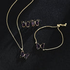 KIT Colar Pulseira e Brincos 3 Peças Jóias Romântica Borboleta de Vidro Varias Cores. 0 lojaidealgolden conjunto roxo escuro 