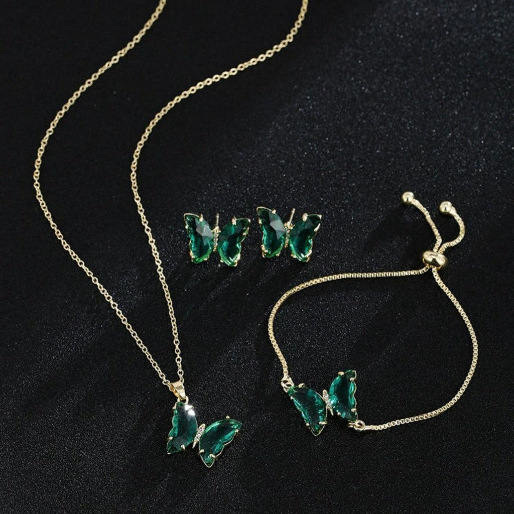 KIT Colar Pulseira e Brincos 3 Peças Jóias Romântica Borboleta de Vidro Varias Cores. 0 lojaidealgolden conjunto verde 