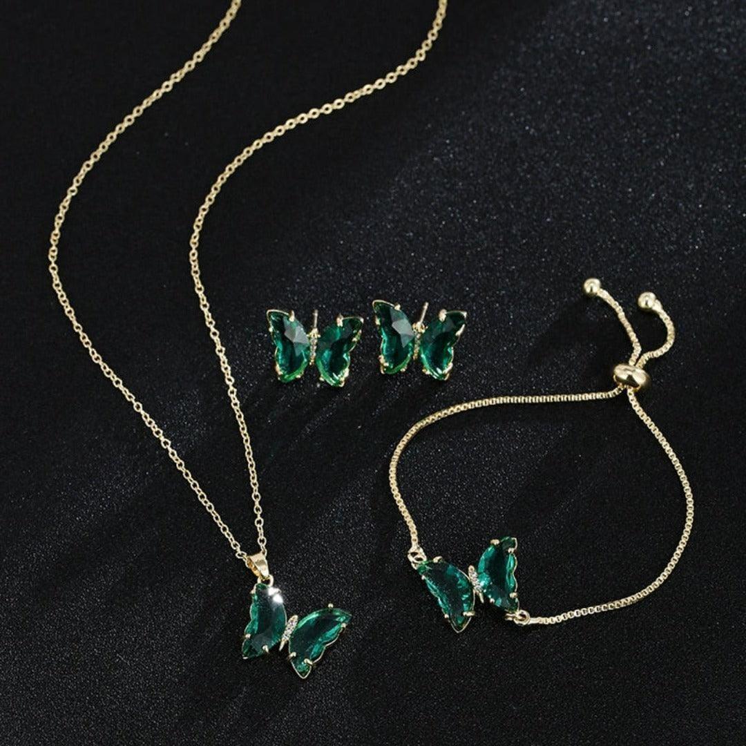 KIT Colar Pulseira e Brincos 3 Peças Jóias Romântica Borboleta de Vidro Varias Cores. 0 lojaidealgolden conjunto verde 