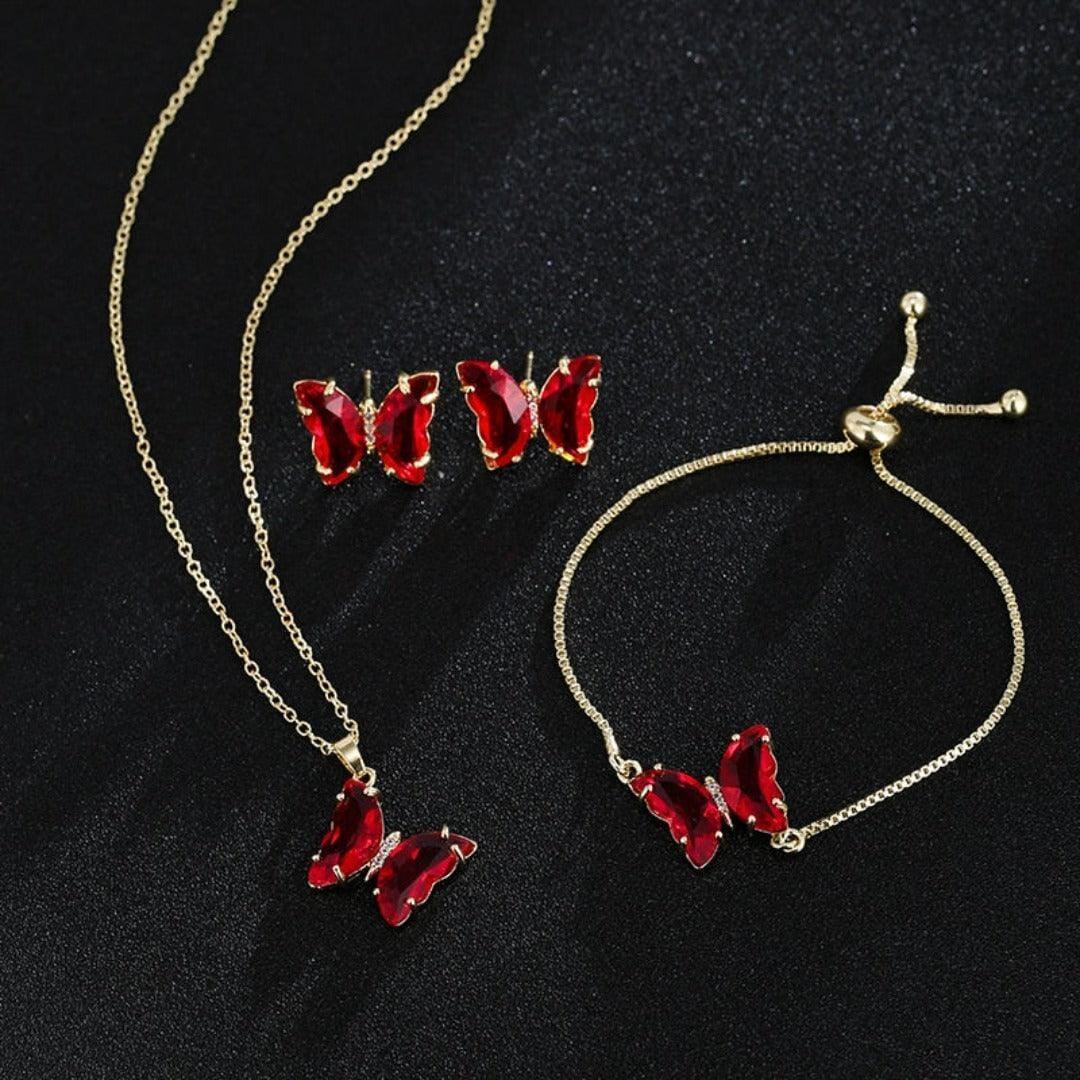 KIT Colar Pulseira e Brincos 3 Peças Jóias Romântica Borboleta de Vidro Varias Cores. 0 lojaidealgolden conjunto vermelho 